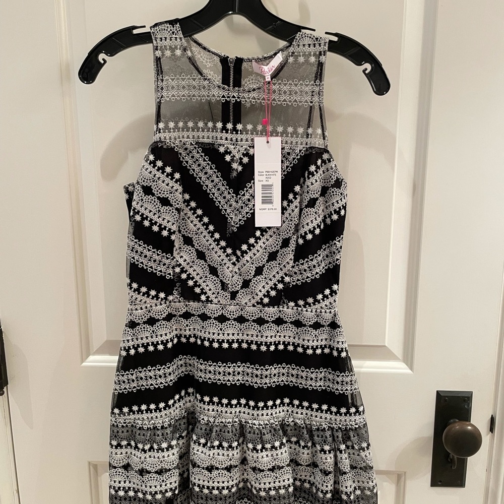 Parker black and white lace mini dress